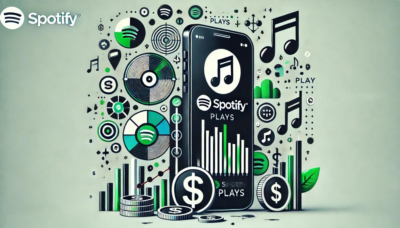 A smartphone displaying the Spotify app is surrounded by music notes, coins, and bar graphs, symbolizing music streaming and revenue.