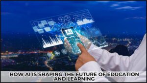 **Alt Text:** A person interacts with a virtual interface displaying AI-related charts and graphics against a cityscape at night.