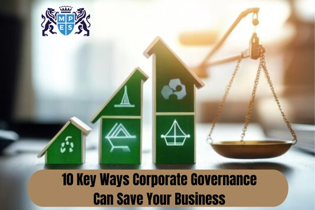 Three ascending green blocks with sustainability icons beside a brass balance scale, overlaid with the text "10 Key Ways Corporate Governance Can Save Your Business."
