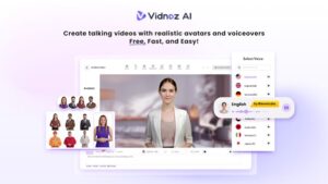 **Alt Text:** A screenshot of the Vidnoz AI platform showcasing a digital avatar in a simulated video, with various selectable avatars and voice options on display.