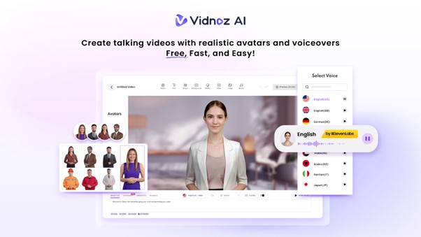 **Alt Text:** A screenshot of the Vidnoz AI platform showcasing a digital avatar in a simulated video, with various selectable avatars and voice options on display.