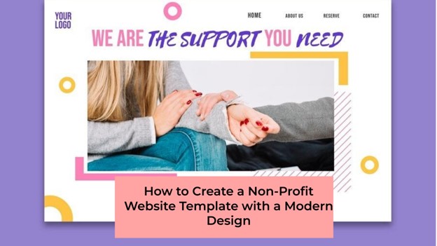 "Website design template for non-profits featuring a comforting image of two people holding hands, with the text 'We are the support you need.'"