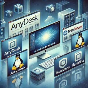 A digital illustration showing a computer surrounded by various software screens, including AnyDesk, TeamViewer, and Linux-themed imagery, in a futuristic setting.