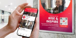 **Alt Text:** A person holds a smartphone showing the "Sunday Talk" YouTube channel next to a poster advertising "Rise & Inspire" stories with a QR code.