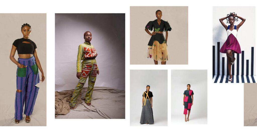**Alt Text:** A collage of fashion models showcasing six different vibrant and unique Afrocentric clothing designs in various poses.