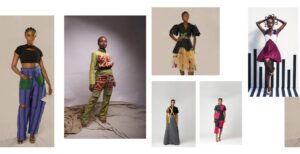 **Alt Text:** A collage of fashion models showcasing six different vibrant and unique Afrocentric clothing designs in various poses.