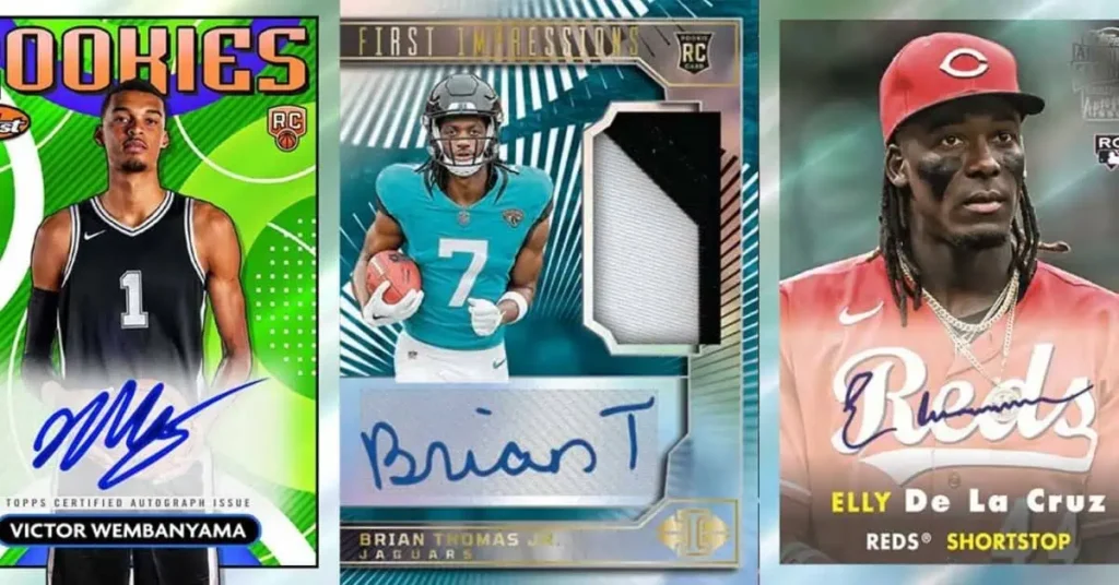 Alt text: "Three sports trading cards featuring players from basketball, football, and baseball, each with autographs."