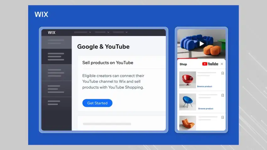 Alt text: Screenshot showing a Wix web interface promoting the integration with YouTube to sell products, featuring a "Get Started" button and a sidebar displaying product images.