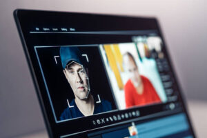 **Alt text:** A computer screen displaying video editing software with two video thumbnails being edited, one with a facial recognition grid on a man's face.