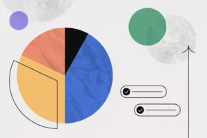 A colorful pie chart with four segments in blue, yellow, orange, and black, accompanied by circular icons with check marks and abstract shapes in the background.