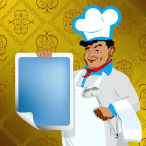 Alt text: Cartoon chef holding a blank blue menu against a decorative yellow background, wearing a white chef's hat and apron, with a ladle in hand.