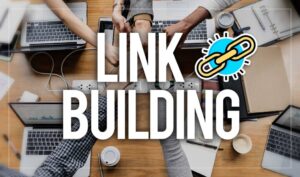 **Alt text:** A group of people place their hands together over a table filled with laptops and office supplies, with the words "LINK BUILDING" and a chain icon overlaid on the image.