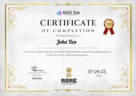 **Alt Text:** A certificate of completion from Skill Zee, awarded to John Doe on 07-24-23, featuring decorative borders and a red ribbon.