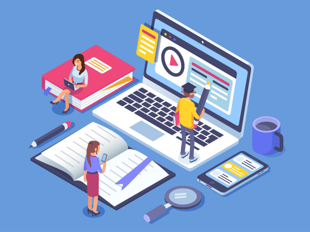 **Alt text:** An illustration of people interacting with oversized educational tools, including a giant laptop and books, symbolizing online learning.