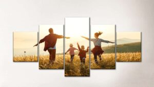 A family of four joyfully runs through a sunlit field with arms outstretched in a five-panel split image.