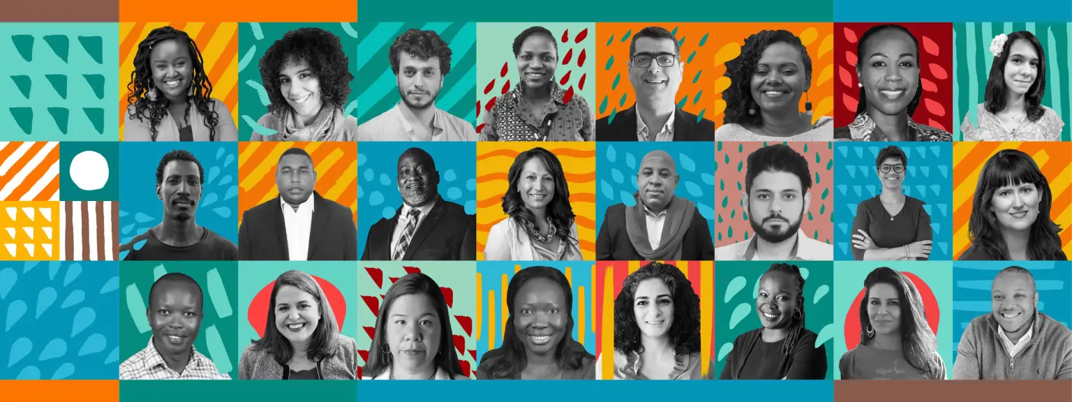 A colorful collage of diverse people in a grid format with vibrant, patterned backgrounds.