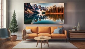 **Alt Text:** A modern living room with an orange sofa, a small round coffee table, and a large wall-mounted landscape photograph featuring a lake surrounded by mountains and evergreen trees.