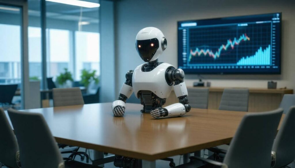 A robot sits at a conference table in a modern office with a screen displaying a financial graph in the background.