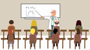 **Alt text:** A cartoon professor in a white coat is pointing to a mathematical diagram on a whiteboard, while students sit at desks facing him.