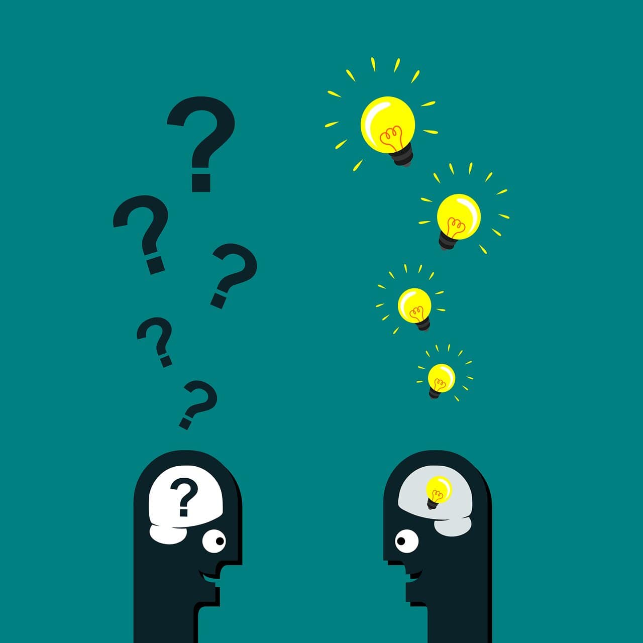 Two cartoon heads, one with question marks and the other with light bulbs.