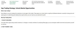 Alt text: A webpage discussing gap trading strategy, highlighting its benefits in market predictability and high-probability trades.