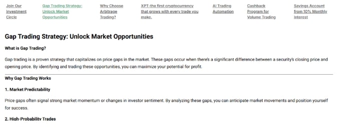 Alt text: A webpage discussing gap trading strategy, highlighting its benefits in market predictability and high-probability trades.