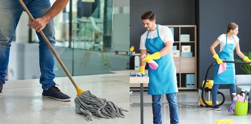 Alt text: "A person mops a floor, and two people clean a living room with cleaning supplies while wearing blue aprons and yellow gloves."