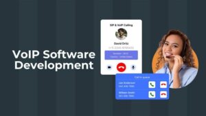 Alt text: "VoIP Software Development text with a VoIP call interface and smiling woman with headset."