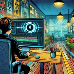 **Alt Text:** A person wearing headphones works at a large computer monitor displaying digital graphics in a vibrant, art-filled room with hardwood floors and modern furniture.