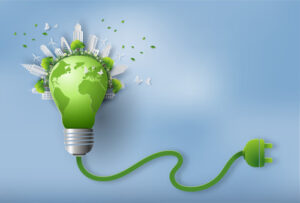 **Alt text:** A green light bulb with the Earth and cityscape inside, connected to a cord, symbolizing sustainable energy.