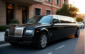 Alt text: A black luxury limousine is parked on a street in front of a building at sunset.