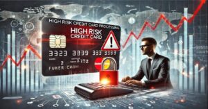 **Alt Text:** A man in a suit working at a computer, surrounded by a large high-risk credit card graphic, warning symbols, and a padlock, with a background of financial charts and a world map.