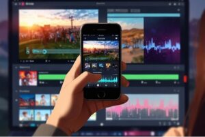 Alt text: A person holds a smartphone displaying a video editing app in front of a computer screen with video editing software.