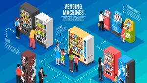 Alt text: "Illustration of various vending machines and people interacting with them in a grid layout."