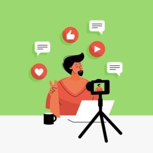 **Alt Text:** A person sitting at a desk with a laptop and a camera on a tripod, making a peace sign, surrounded by social media icons like thumbs up, heart, and play button against a green background.
