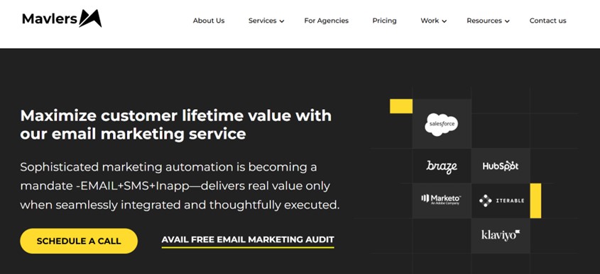 Alt text: A webpage from "Mavlers" promoting their email marketing services, featuring a call to action to schedule a call or avail a free email marketing audit, with logos of various marketing platforms.