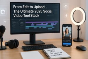 **Alt Text:** A desk setup with a monitor displaying video editing software and the text "From Edit to Upload: The Ultimate 2025 Social Video Tool Stack," a smartphone showing a video call, a ring light, and a notebook with the words "Shoot, Edit, Optimize, Upload."