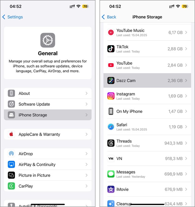 **Alt text:** The image shows screenshots of an iPhone's "General" settings and "iPhone Storage" menu, listing various apps and their storage usage.