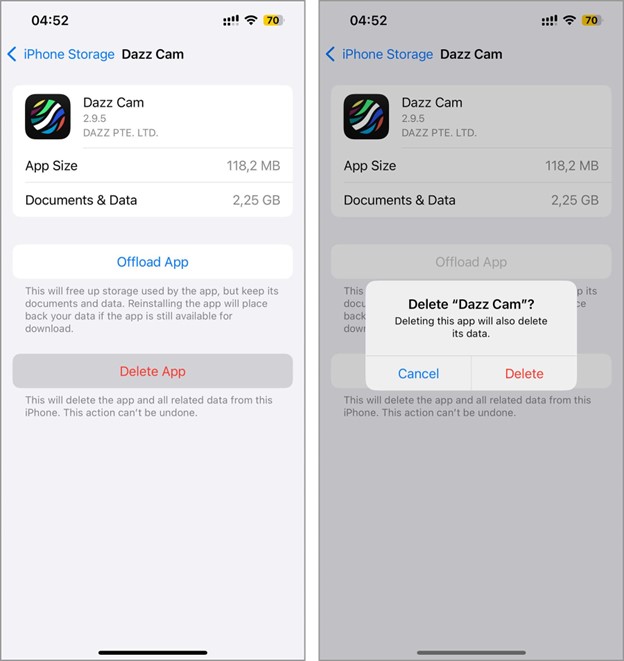 Alt text: Two screenshots of an iPhone's app storage settings for "Dazz Cam," showing options to offload or delete the app and a confirmation prompt to delete the app.