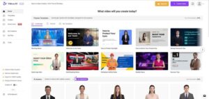 **Alt Text:** A screenshot of the Vidnoz AI video creation platform showcasing various video templates and AI avatars for users to choose from.