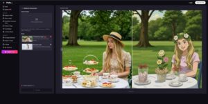 Alt text: A side-by-side comparison shows a woman having tea in a park and a cartoon version of the same scene with a girl wearing a flower crown.