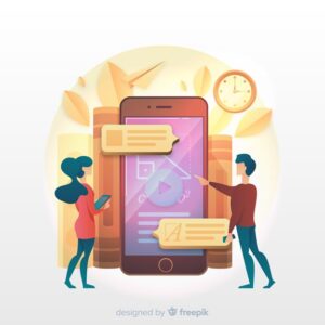 **Alt text:** An illustration showing two people interacting with a large mobile device, surrounded by oversized books, apps, and a clock.