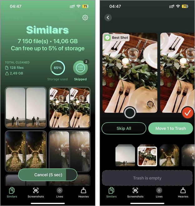 Alt text: Screenshot of a photo management app displaying duplicate images and an option to move one to trash to free up storage.