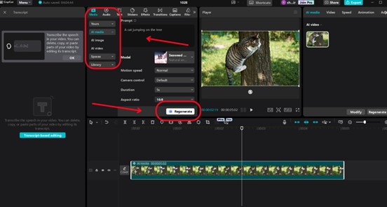 Alt text: Video editing software interface showing a clip of a cat on a tree with various editing options highlighted.