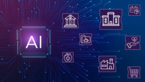 Alt text: An illustration of a microchip labeled "AI" connected to various icons representing different industries like healthcare, finance, manufacturing, and education on a digital network background.