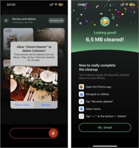 **Alt text:** Two screenshots showing a cleaning app; the left screenshot asks for permission to delete 3 photos, and the right screenshot confirms 6.5 MB have been cleared with instructions to complete the cleanup.