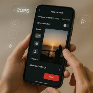 **Alt Text:** A smartphone screen showing a social media video post interface with options for caption, visibility, scheduling, cover photo, location, and advanced settings, along with a "Post" button.