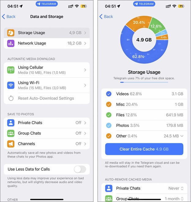 Alt text: The image shows Telegram's "Data and Storage" settings on two phone screens, detailing storage and network usage, automatic media download options, and a storage usage breakdown by category.