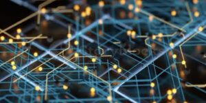 **Alt text:** A detailed close-up of a network of glowing yellow nodes connected by intricate blue lines, representing a digital circuit or neural network.