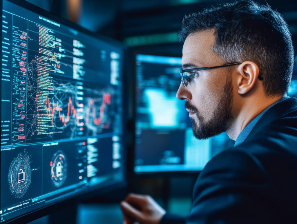 **Alt Text:** A man wearing glasses intensely focuses on multiple computer screens displaying complex data, coding, and graphs in a dimly lit room.